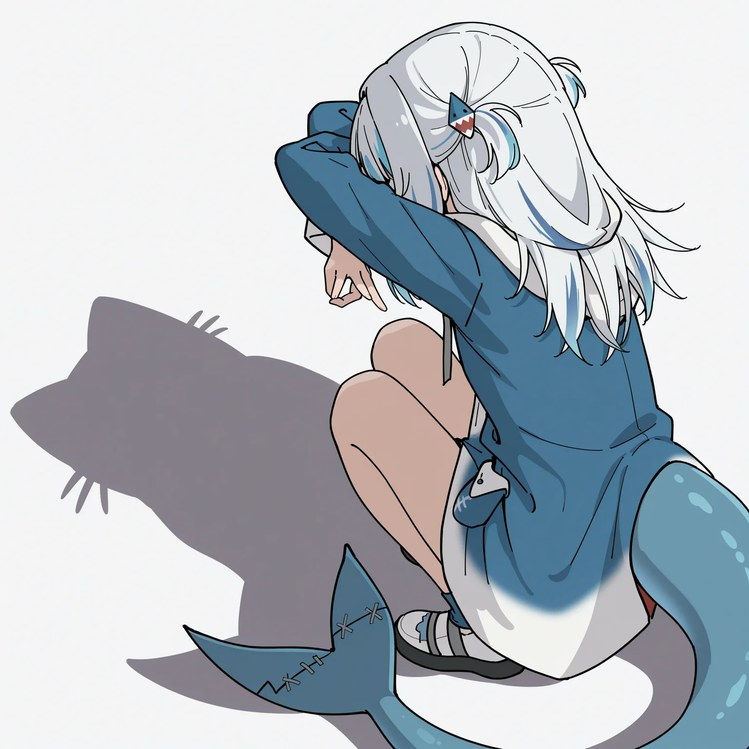 highres, absurdres, hi res, best quality, masterpiece, 2d, intricate details, 4k, anime coloring,
1girl, solo, gawr gura, hoodie, shark tail,
from behind, from side, shadow, animal, parody, squatting, cat, meme, cat shadow puppet \(meme\), cat shadow puppet (meme), crossed arms,
white background, <lora:Cat_Shadow_Puppet_(Concept)_ILXL:1>,