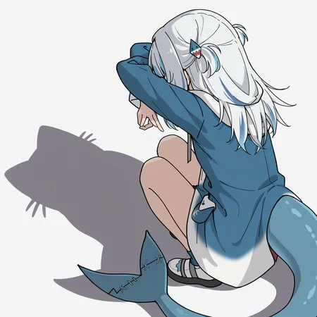 highres, absurdres, hi res, best quality, masterpiece, 2d, intricate details, 4k, anime coloring,
1girl, solo, gawr gura, hoodie, shark tail,
from behind, from side, shadow, animal, parody, squatting, cat, meme, cat shadow puppet \(meme\), cat shadow puppet (meme), crossed arms,
white background, <lora:Cat_Shadow_Puppet_(Concept)_ILXL:1>,