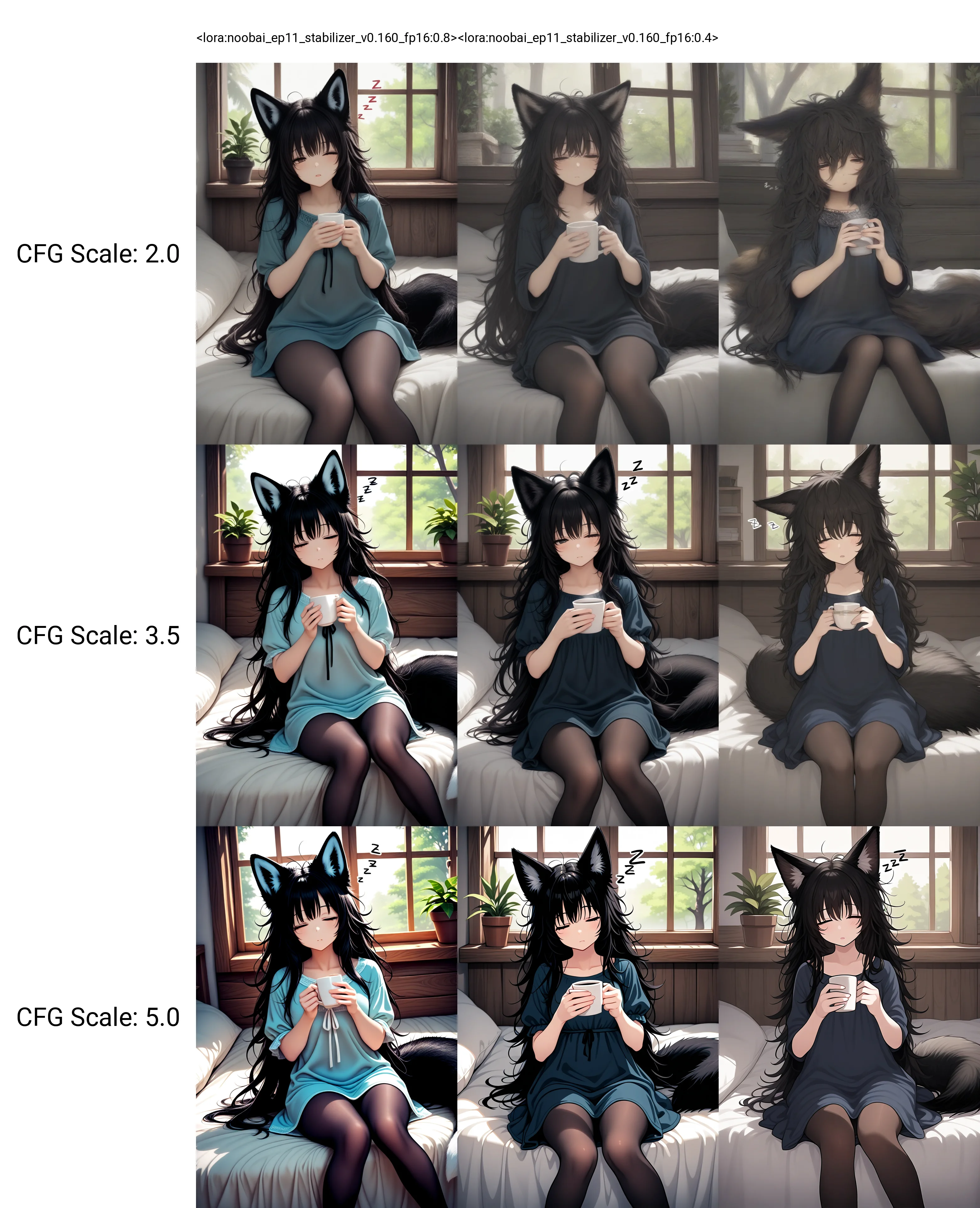 <lora:noobai_ep11_stabilizer_v0.160_fp16:0.8>1girl,fox ears,black hair,messy hair,sitting,bed,fox tail,feet out of frame,wooden window,potted plant,tree,holding cup,sleepy,zzz,dress,pantyhose,masterpiece,