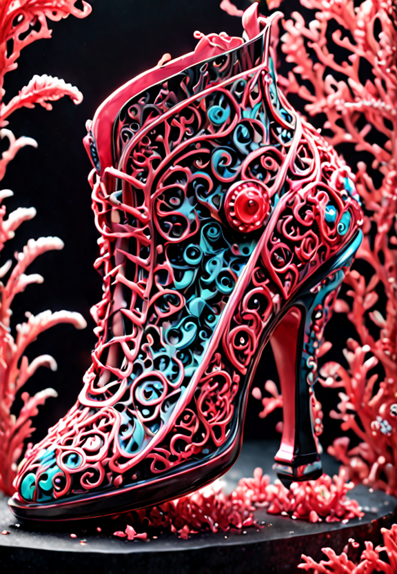 a close up of a shoe made of coralbugXL, stylish shoe design, exquisite imaginative poster art, coralbugXL embellishment, by Victorine Foot, coralbugXL, the theme of alice in wonderland, coralbugXL, highly detailed fantasy art, exquisite digital illustration, great digital art with details, highly detailed digital painting, surrealistic digital artwork, 3d epic illustrations,  <lora:coralbugXL:1> <lora:LCMTurboMix_DPM_SDE_Karras:1>