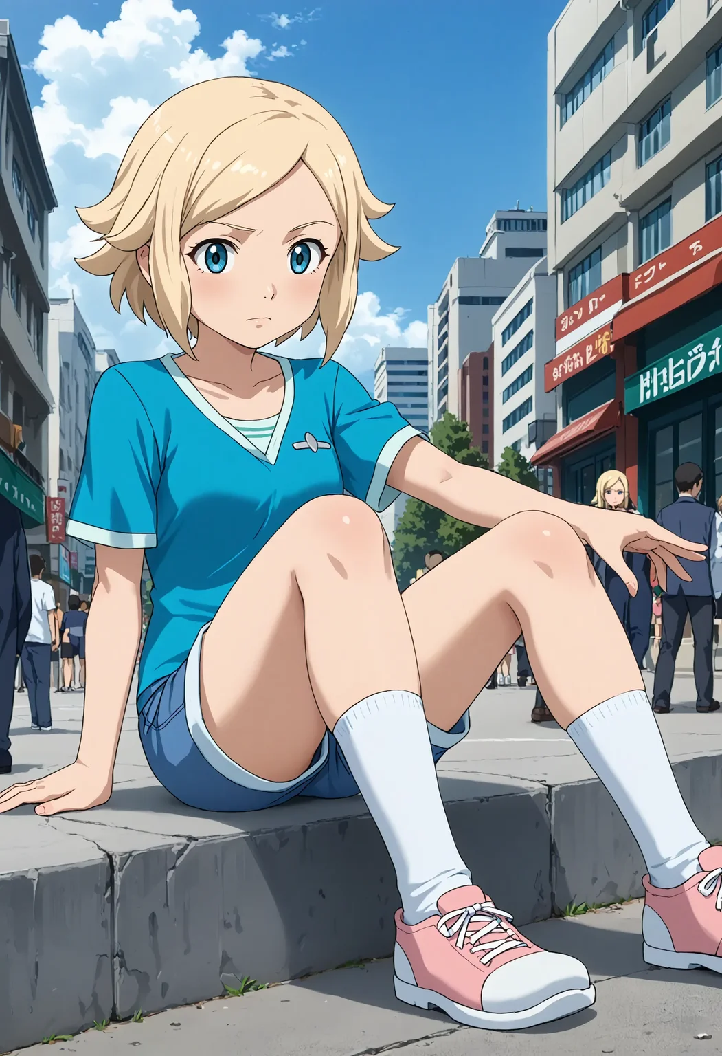 <lora:Hyper-SDXL-8steps-lora:1> <lora:Fixhands_anime_bdsqlsz_V1:1> zPDXL2, score_9, score_8_up, score_7_up, source_anime, intricate details, perfect anatomy BREAK
outdoors, city, tokyo, japan, audience, crowd, playing instrument, sitting , one outstretched leg, musical note, Bored, A slack jaw, drooping eyelids, and a slightly uninterested gaze., 1girl, solo, solo focus,
<lora:GAGE-unoa_asuno_XL(pony)v10:1> GAGE-AG140unoa, young, blonde hair, short hair, blue eyes, GAGE-AG14unoa outfit, green dress, blue shorts, white socks, pink shoes,