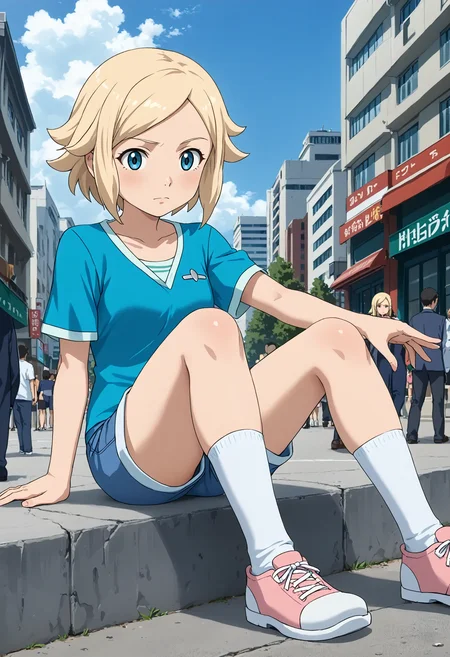 <lora:Hyper-SDXL-8steps-lora:1> <lora:Fixhands_anime_bdsqlsz_V1:1> zPDXL2, score_9, score_8_up, score_7_up, source_anime, intricate details, perfect anatomy BREAK
outdoors, city, tokyo, japan, audience, crowd, playing instrument, sitting , one outstretched leg, musical note, Bored, A slack jaw, drooping eyelids, and a slightly uninterested gaze., 1girl, solo, solo focus,
<lora:GAGE-unoa_asuno_XL(pony)v10:1> GAGE-AG140unoa, young, blonde hair, short hair, blue eyes, GAGE-AG14unoa outfit, green dress, blue shorts, white socks, pink shoes,
