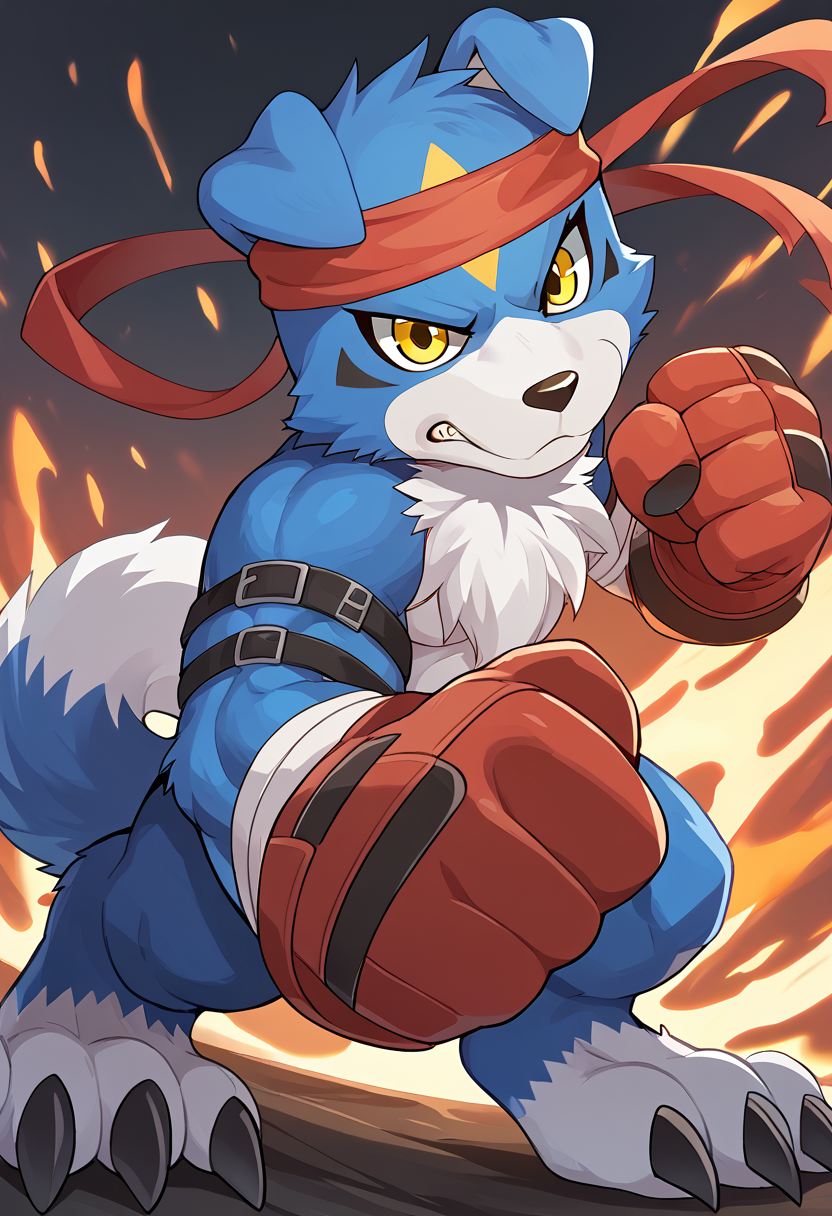 high res, best quality, gaomon_digimon, furry, headband, solo, 1boy, claws, fighting stance, yellow eyes, <lora:Gaomon_Digimon:1>