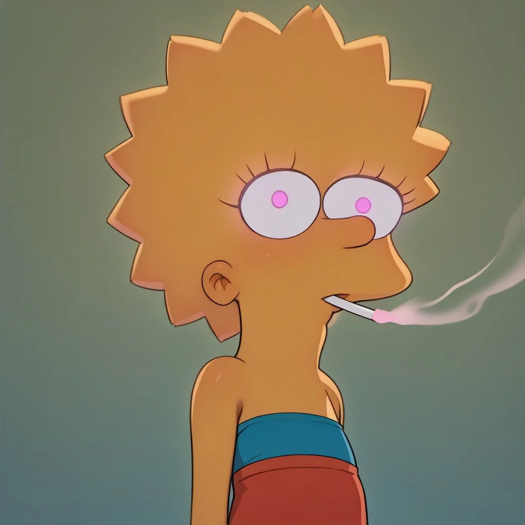 (score_9, score_8_up:1.1), score_7_up, lisa_simpson, hypno wave, glowing eyes, Li_sa, 1girl, solo, alone, skinny, tall, slim,petite, extremely detailed, lisa_simpson, Li_sa, 1girl, solo, alone, skinny, tall, slim,petite, smoking, marijuana, wearing tube top,