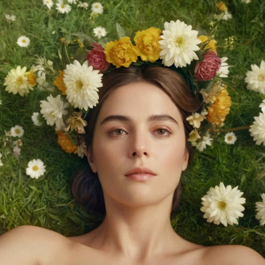 Hyperrealistic art of  <lora:Kodak Motion Picture Film Style:1.2>
An Oscar winning movie for Best Cinematography a woman with a flower crown on her head lying on ground floor field garden while looking at camera from above Kodak Motion Picture Film Style, Extremely high-resolution details, photographic, realism pushed to extreme, fine texture, incredibly lifelike