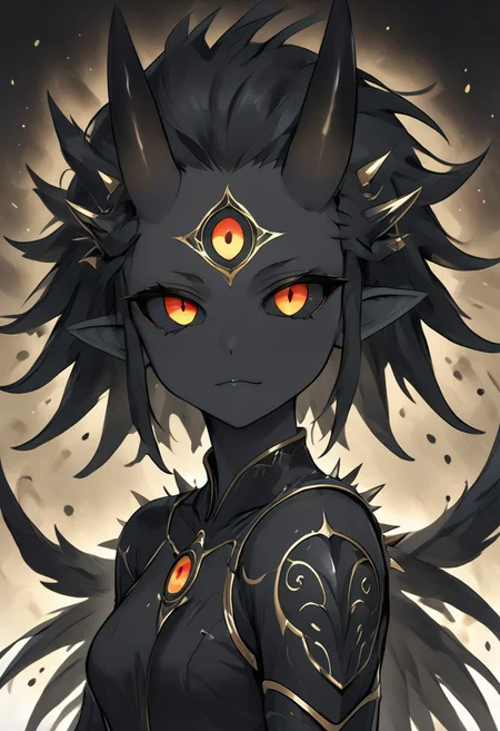 abstractzyrnox, abstract, abstract art, expressive eyes, perfect face, ((te'kharoth, third eye), tail, horns), spiky hair, messy hair, ponytail hair, thick hair, black hair, black sclera), 1girl, gold eyes, wings, BREAK, armor