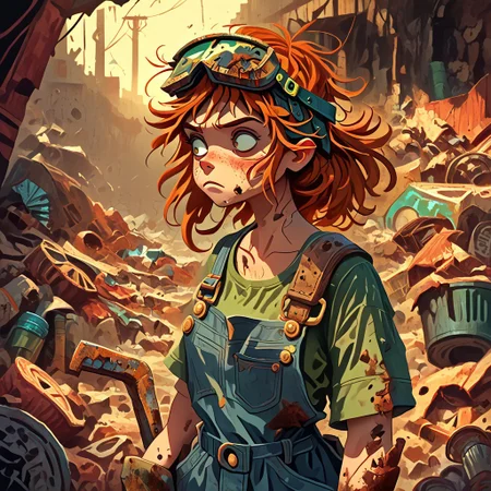 score_9, score_8_up, score_7_up, score_6_up, score_5_up, score_4_up, 32yo feminine curvy woman solo,ginger hair, overalls, green sports-bra, tool belt, googles on head scr4pyard, outdoors, rubble, trash, sunset, rust, scrap metal,CartoonDetailer