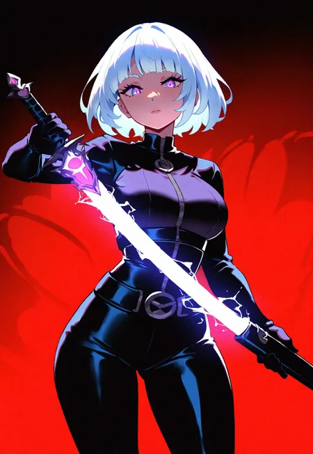 masterpiece, best quality, newest, absurdres, highres, 1girl, solo, black hoodle, white hair, short hair layer-cut, glowing cyan sword, unsheathing left to right, cowboy shot, red splash color background ,combines anime and gothic influences, supernature energy,