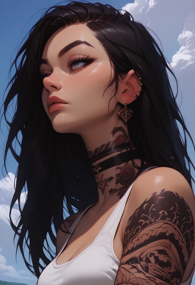Score_9, Score8_up, Score_7_up, (((High Resolution, Best Quality))), 
1girl, solo, Covered in Tattoos, her hand on her head, brushing hair behind ear, black hair, gold highlight in hair, 
Tanktop, cutoff, choker, 
On a Cliff overlooking a beach, Cloudy Sky,