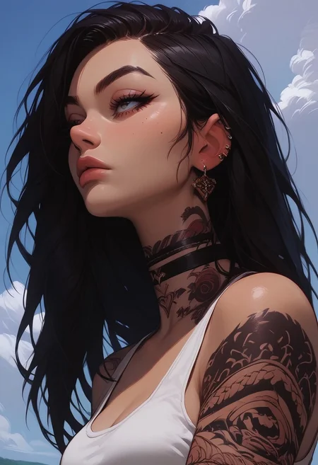 Score_9, Score8_up, Score_7_up, (((High Resolution, Best Quality))), 
1girl, solo, Covered in Tattoos, her hand on her head, brushing hair behind ear, black hair, gold highlight in hair, 
Tanktop, cutoff, choker, 
On a Cliff overlooking a beach, Cloudy Sky,