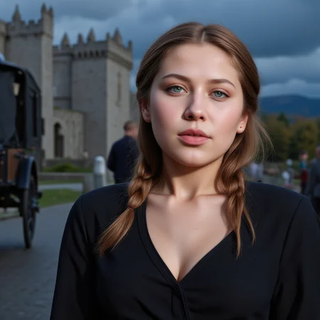 A petite 18-year-old Northern European Russian girl, (freckles:1.4), exudes both innocence and passion, with an ethereal, supermodel-like physique. Her long, slightly wavy brunette hair is (styled in a French braid), and her soft, delicate face is defined by rosy cheeks and bright, (blue-green eyes with long, curled lashes:1.3).( Her lips are full and textured, with fine veins across them. Her body is athletic and slender:1.2), <lora:Swamp_Flower_Flux_29_04_25:1>, uncensored photo, petite young woman, 18-year-old Northern European Russian girl, (height 165 cm, chest 130 cm, waist 60 cm, hips 90 cm), brunette, long slightly curly hair, greenish-blue eyes, long thick eyelashes, (large, plump, natural slightly saggy breasts:1.5),
(young aristocratic woman arriving at remote gothic castle, heavy mourning gown with lace veil, stormy twilight sky, horse-drawn black carriage, apprehensive and innocent expression, cinematic tension, Loic Dubigeon style, subtle erotic charge,), <lora:aidmaMJv7:0.4>, aidmamjv7, <lora:Add_More_details_Flux:0.8>