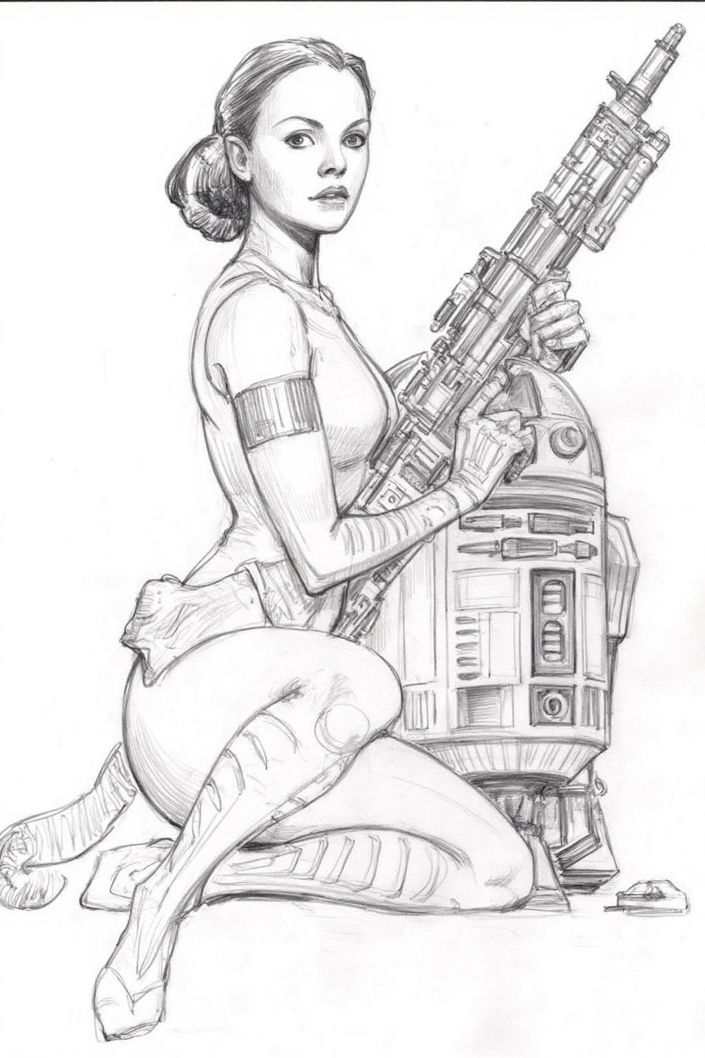 Pencil sketch.
Queen Padme Amidala from Star Wars, is sitting on the ground, holding a futuristic weapon. She is dressed in a form-fitting outfit with arm bands and boots, and her hair is styled in a bun. She is turning her head to look at the viewer. Beside her stands R2-D2, a cylindrical robot with various panels and buttons. <lora:iainmccaig1_cap_d8a4e12:1.0><lora:864319781556212385:0>