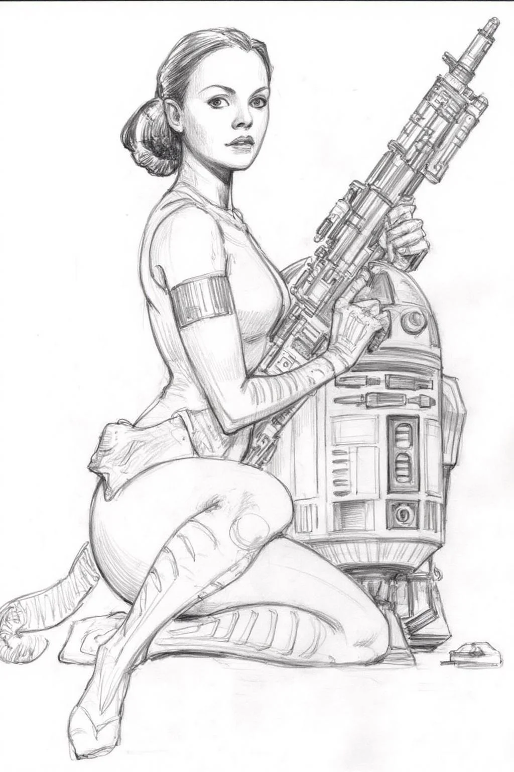 Pencil sketch.
Queen Padme Amidala from Star Wars, is sitting on the ground, holding a futuristic weapon. She is dressed in a form-fitting outfit with arm bands and boots, and her hair is styled in a bun. She is turning her head to look at the viewer. Beside her stands R2-D2, a cylindrical robot with various panels and buttons. <lora:iainmccaig1_cap_d8a4e12:1.0><lora:864319781556212385:0>