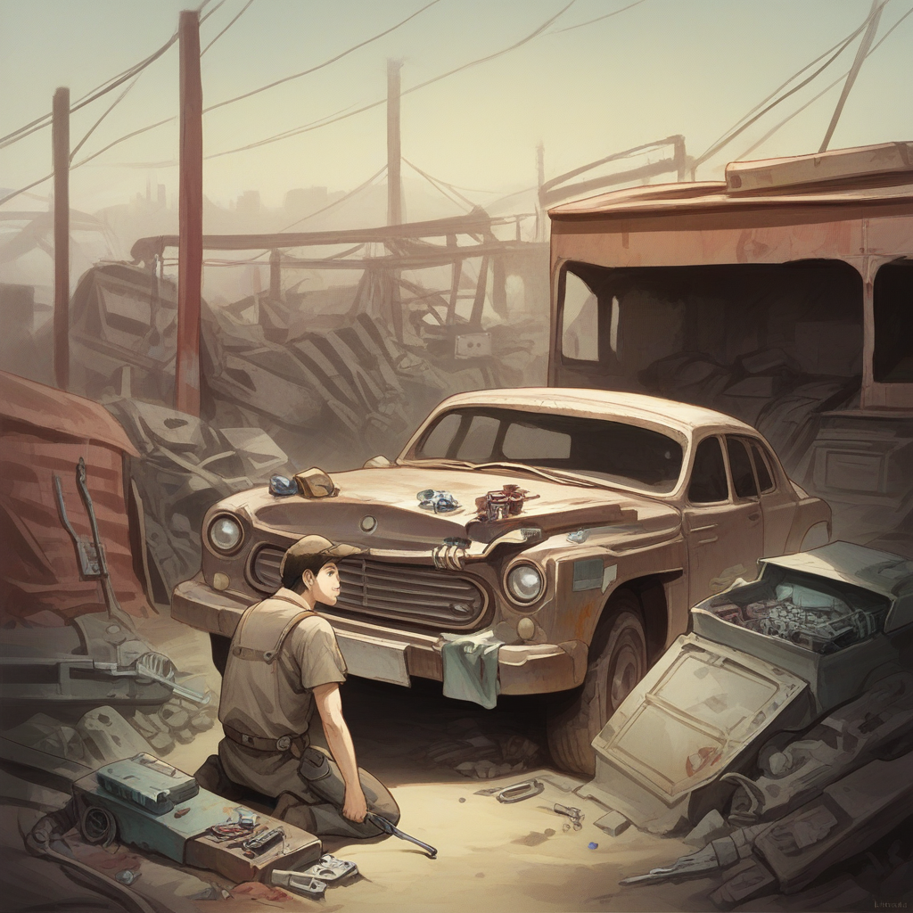 score_9, score_8_up, score_7_up, score_6_up, score_5_up, score_4_up, zPDXL2,source_anime,rating_questionable,   1boy, mechanic, <lora:Scrapyard:0.8> scr4pyard, outdoors, afternoon,scrap, junk,