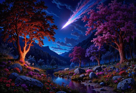 (in full view:1.2), (seen from a distance, wide angle:0.55), The style a combination of [Clyde Caldwell|Igor Zenin|Christopher Balaskas], Under lighting, alien planet, alien plants, bioluminescent plants. Harmonious madness, synergy with chance, unique art style, mind bending art, magical surrealism. Digital painting in a realistic style representing strange visions of A forest, struck by a meteorite has been altered by radiation coming from the meteor. The forest, once a popular place for walks has transformed into something out of another dimension. The trees, plants and animals have all begun to transform into life forms alien to earth. NeuroWeave animals have been seen and reported to the authorities that can change form at will or part of its body can break off change into something else when it needs to. The wild flowers have become more colorful and have unusual patterns. A digital rendering, high-res, ultra detailed, photo manipulation, altered realities, <lora:+FluxVelvet's_Mythic_Fantasy:0.7> <lora:Midjourney_Whisper_Chromaplex_Velvet_Myst_v01:0.4> <lora:flux.1_lora_flyway_Epic_gorgeous-detail_v2:0.35> <lora:Amazing_scenery_v3:0.6> <lora:UltraReal_Fine-Tune:0.3> <lora:Realism-lora-Flux:0.6> <lora:low-light-flux-v2:0.5>