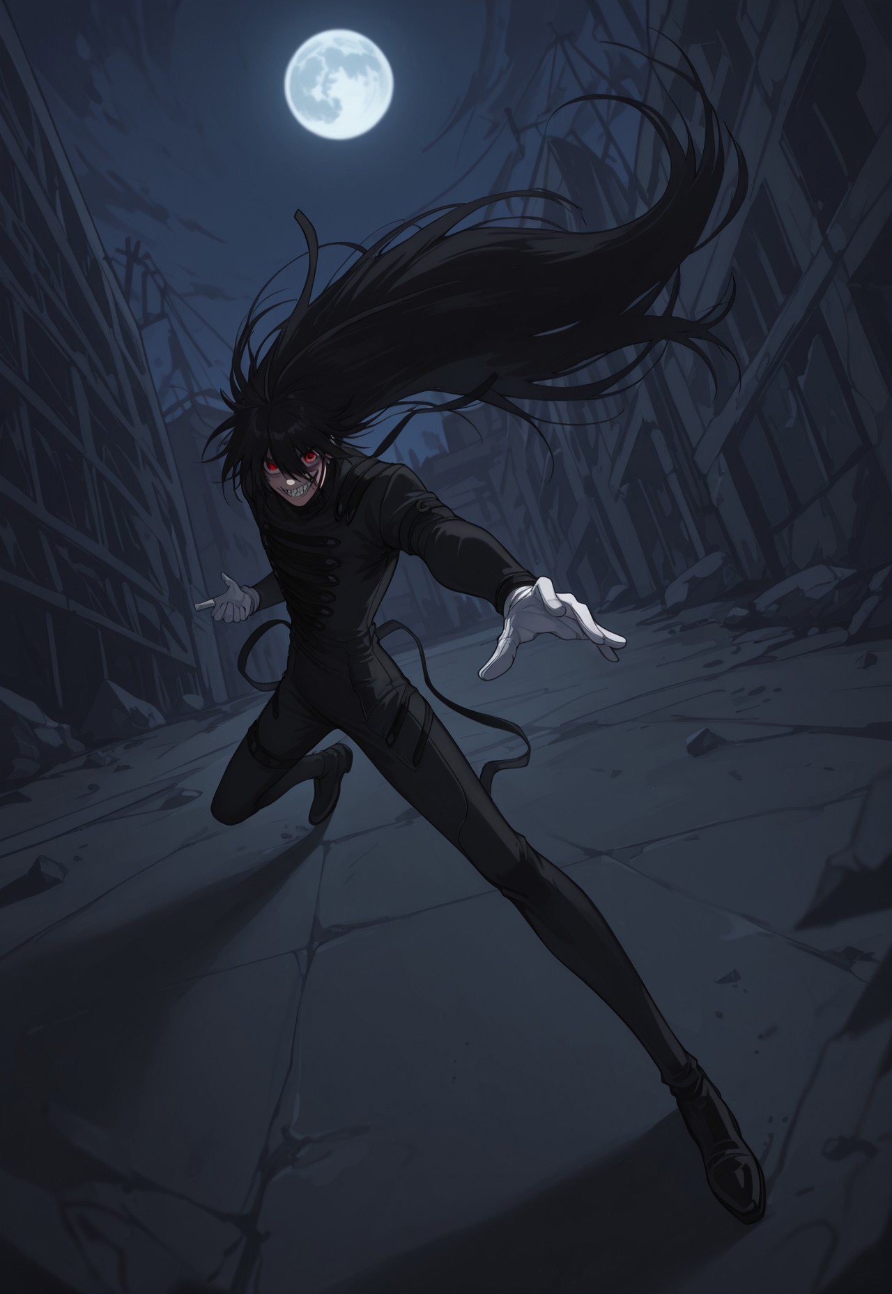 safe_pos, score_9, score_8_up, score_7_up, masterpiece, best quality, amazing quality, Bondagecard, solo, 1boy, male focus, black hair, very long hair, red eyes, black bodysuit, white gloves, black shoes, evil laugh, sharp teeth, crazy eyes, red eyes, looking at viewer, full body, dynamic pose, perspective, night, dark, full moon,