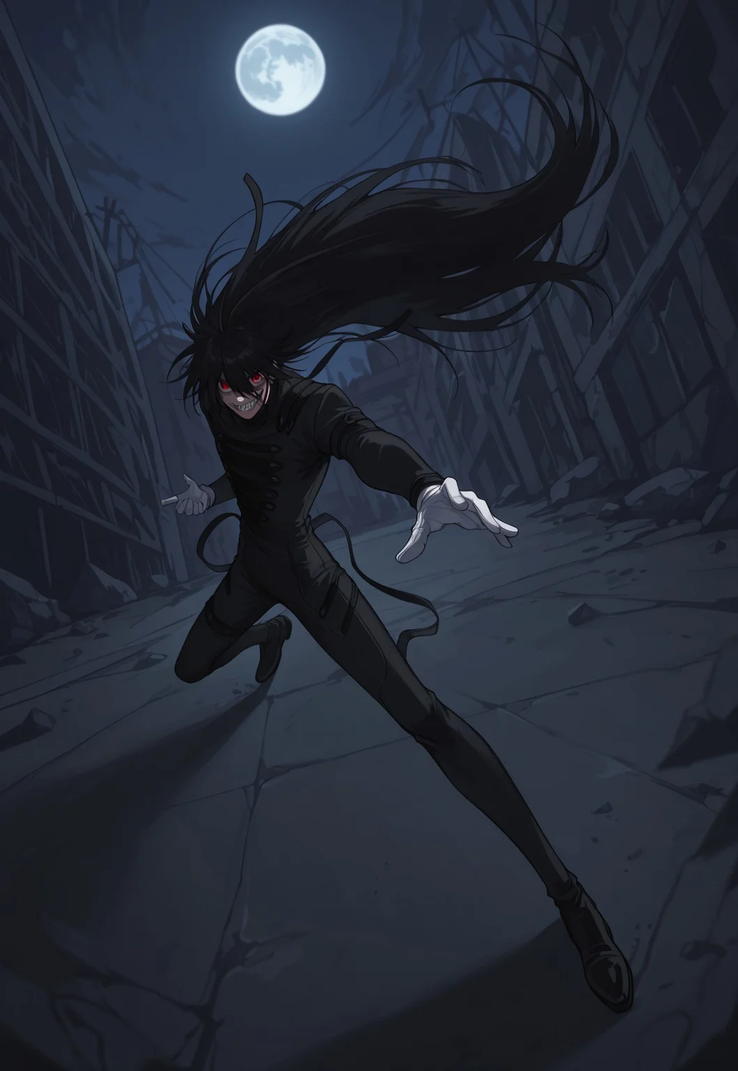 safe_pos, score_9, score_8_up, score_7_up, masterpiece, best quality, amazing quality, Bondagecard, solo, 1boy, male focus, black hair, very long hair, red eyes, black bodysuit, white gloves, black shoes, evil laugh, sharp teeth, crazy eyes, red eyes, looking at viewer, full body, dynamic pose, perspective, night, dark, full moon,