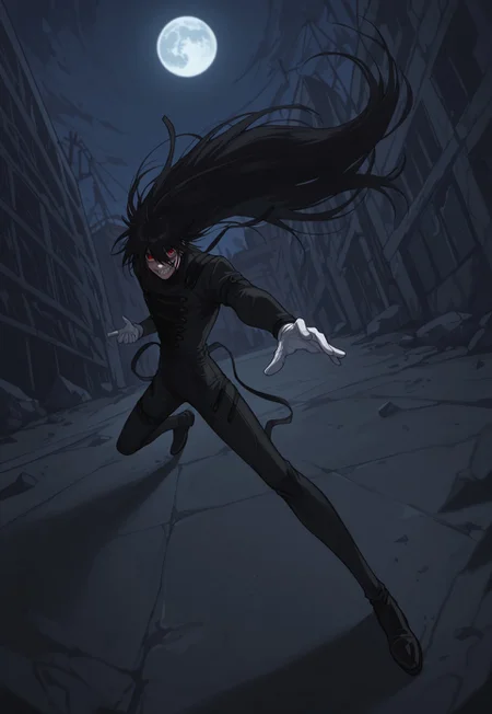 safe_pos, score_9, score_8_up, score_7_up, masterpiece, best quality, amazing quality, Bondagecard, solo, 1boy, male focus, black hair, very long hair, red eyes, black bodysuit, white gloves, black shoes, evil laugh, sharp teeth, crazy eyes, red eyes, looking at viewer, full body, dynamic pose, perspective, night, dark, full moon,