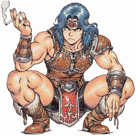masterpiece,best quality,amazing quality, rakugakingu, traditional media, SIMOIL, 1boy, male focus, muscular, toned male, blue eyes, leather armor, (jeweled headband, red jewel), breastplate, leather shorts, stylized loincloth, one pauldron, vambraces, medium hair, blue hair, boots, leather tassets, squatting, holding cigarette, frown, simple background