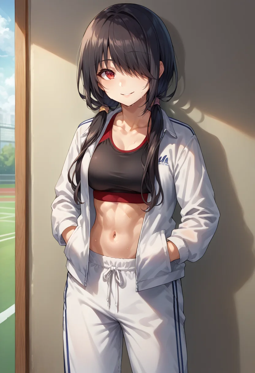 score_9, score_8_up, source_anime, 1girl, solo, TokisakiKurumi, black hair, low twintails, hair over one eye, red eye, baggy clothes, sports bra, open jacket, track pants, casual, indoors, against wall, leaning, hands in pockets, sweat, smile, <lora:ChamTokisakiKurumiPonyXL-000008:1>
