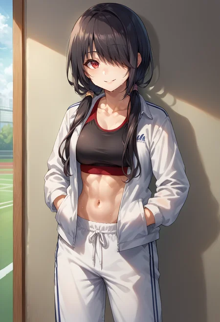 score_9, score_8_up, source_anime, 1girl, solo, TokisakiKurumi, black hair, low twintails, hair over one eye, red eye, baggy clothes, sports bra, open jacket, track pants, casual, indoors, against wall, leaning, hands in pockets, sweat, smile, <lora:ChamTokisakiKurumiPonyXL-000008:1>