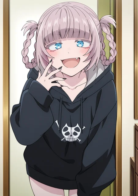 detailed background, official style,anime coloring, (anime screencap) masterpiece, detailed face,1girl <lora:Nazuna_Nanakusa-10:0.8>Nazuna, hood, blue eyes, hoodie, fang, open mouth, hair rings, solo, smile, black nails, braid, bangs, grey hair, blunt bangs, hood down, nail polish, long sleeves, fingernails, looking at viewer, twin braids, short hair, :d, blush, indoors, standing, cowboy shot, black hoodie, collarbone, long hair, sidelocks, thighs