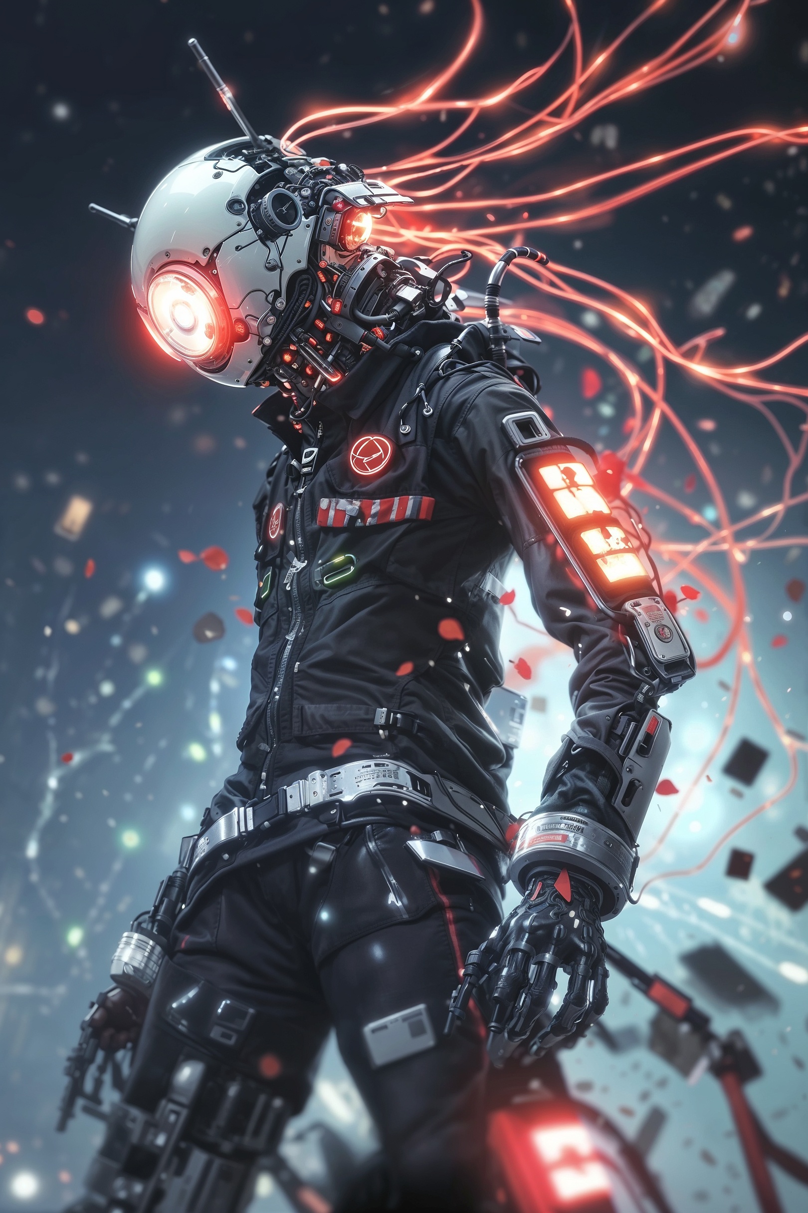 Highly detailed, futuristic digital artwork featuring a humanoid robot. The robot is adorned in a sleek, black exoskeleton suit with various mechanical components and illuminated accents. The head is a spherical, white helmet with a prominent red glowing eye and multiple antennae-like wires extending from the back, emitting a bright red light. The suit has intricate details, including a red and white emblem on the chest and a digital display on the left arm. The background is a dynamic, blurred scene with floating debris and a bright, glowing light source, enhancing the high-tech, sci-fi atmosphere.