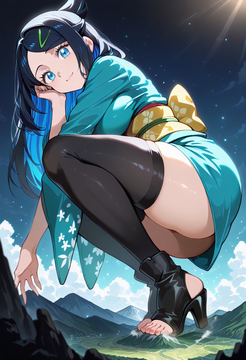 score_9, score_8_up, score_7_up,source_anime, 1girl, adult, women, aaliko, long hair, black hair, colored inner hair, hairclip, blue eyes, kimono, black thighhighs, black high heels, toeless footwear, eyelashes, large breasts, (facial expression, calm, light smile, looking down, head tilt, soft eyes), dreamlike atmosphere, glowing edges, mystical, high contrast, ethereal light, light particles, gl0w, glow, detailed eyes, high definition eyes, blurry foreground, mountain, giantess, tiny people, masterpiece, best quality, absurdres, ultra detailed, side view,