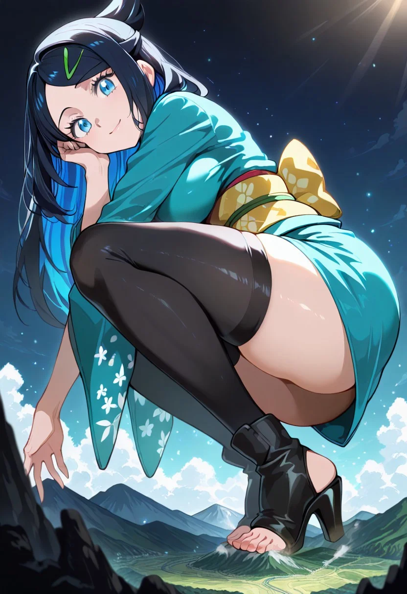 score_9, score_8_up, score_7_up,source_anime, 1girl, adult, women, aaliko, long hair, black hair, colored inner hair, hairclip, blue eyes, kimono, black thighhighs, black high heels, toeless footwear, eyelashes, large breasts, (facial expression, calm, light smile, looking down, head tilt, soft eyes), dreamlike atmosphere, glowing edges, mystical, high contrast, ethereal light, light particles, gl0w, glow, detailed eyes, high definition eyes, blurry foreground, mountain, giantess, tiny people, masterpiece, best quality, absurdres, ultra detailed, side view,