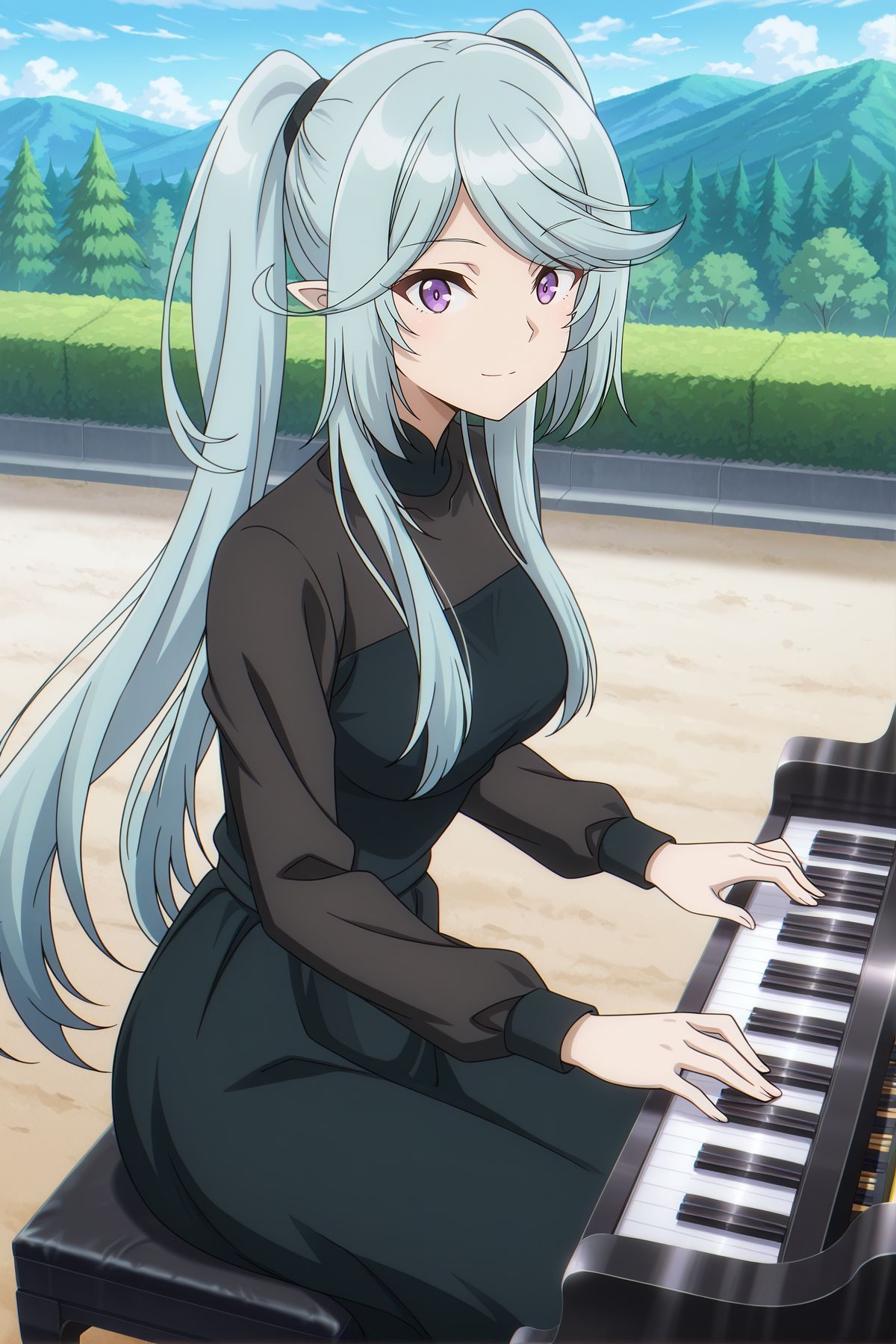 absurdres, highres, masterpiece, best quality, amazing quality, official anime artwork, screencap, anime screencap, outdoors, looking at viewer, light smile, dynamic pose, 
 <lora:Epsilon_Illustrious:1> Epsilon, 1girl, solo, purple eyes, blue hair, long hair, twintails, swept bangs, sidelocks, medium breasts,, black dress, collared dress, long sleeves, 
playing piano, sitting,