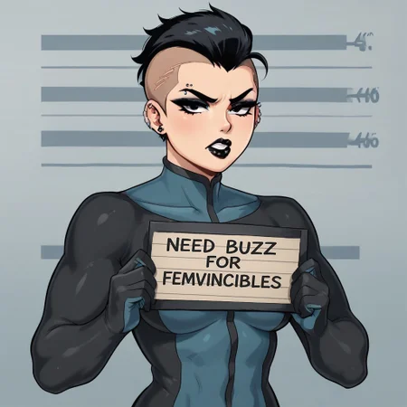 score_9, score_8_up, score_7_up, score_6_up, score_5_up, score_4_up, Expressiveh, 1 girl, solo, Mohawk_Mark, mohawk, black hair, black eyes, black lips, bodysuit, makeup, piercings, ear piercings, temple piercing, angry, holding sign, mugshot, mugshot wall.