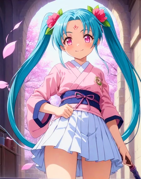 anime, best quality, (masterpiece:1.4), (high quality:1.4), sharp focus, 4k, absurd resolution, detailed hands, score_9, score_8_up, score_7_up, score_6_up, source_anime, anime, best quality, (masterpiece:1.4), (high quality:1.4), sharp focus, 4k, absurd resolution, highly detailed, highres, extremely detailed, short girl, <lora:sasami.pony:0.8> sasami, sasami magic, sasami true
source anime, smile, looking at viewer, wand, school uniform, weapon, twintails, aqua hair, facial mark, flower, forehead mark, freckle, hair flower, hair ornament, long hair, green long sleeves, miniskirt, pink eyes, white skirt, pink obi, standing with hands in her pockets,