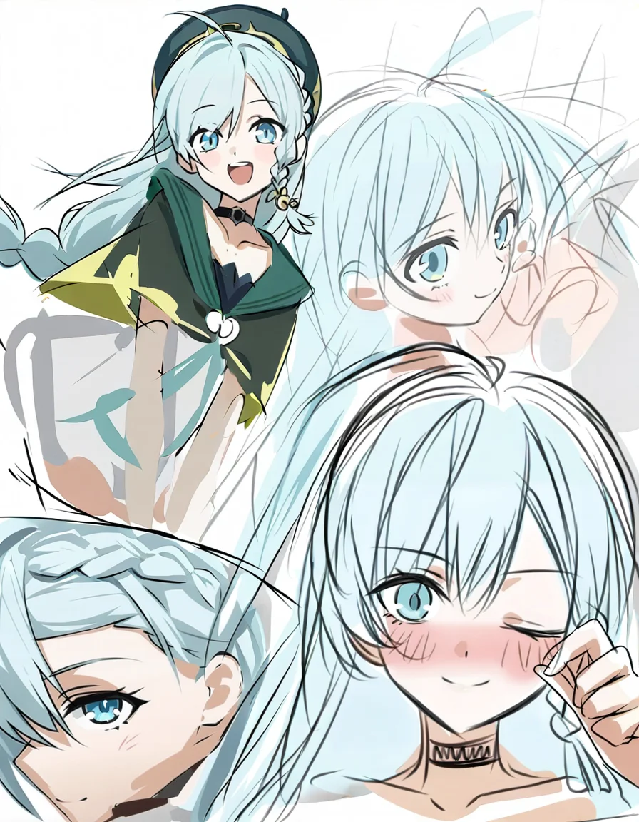 yuebai01,anotherstyle2,1girl,solo,long hair,one eye closed,blue eyes,blue hair,braid,smile,open mouth,sketch,looking at viewer,blush,choker,hat,
<lora:yuebai_noob:1>,masterpiece,best quality,very aesthetic,absurdres,