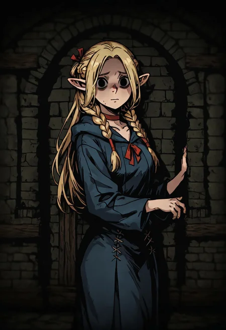 masterpiece, best quality, newest, absurdres, highres,
DDWarrens-BGV1.0, dark, indoors,
DDstyle, official style,
black eyes, shaded eyes,
1girl, marcille_donato, \(dungeon meshi\), choker, braid, blue dress, blonde hair, red choker,
