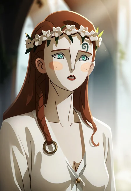 score_9, score_8_up, score_7_up, source_anime, expressive, anime, dynamic, 1girl, white skin, blush_stickers and freckles, long hair, red hair, red_lips, aqua_eyes, shy, blush, uncensored, (S1GR1DTotG), source_hentai, unbuttoned, white_dress, breasts, blurry_background, head_wreath,