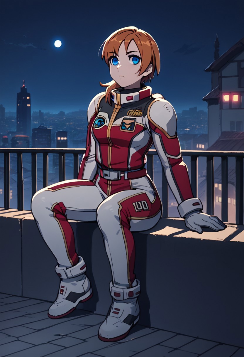 score_9, score_8_up, score_7_up,city view, 1 female,night view, moonlight,somers, female, brown hair, blue eyes, hair with band, pilotsuit,gloves,sitting,pilotshoes