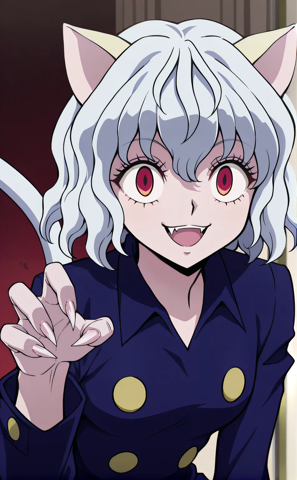 masterpiece, best quality, highres, newest, 1girl, solo, official style, <lora:Noobai_Neferpitou:1>, neferpitou, white hair, red eyes, cat girl, cat tail, blue collared shirt, indoor, looking at viewer, smile, upper body, paw pose, open mouth, fangs, sharp fingernails, four fingers