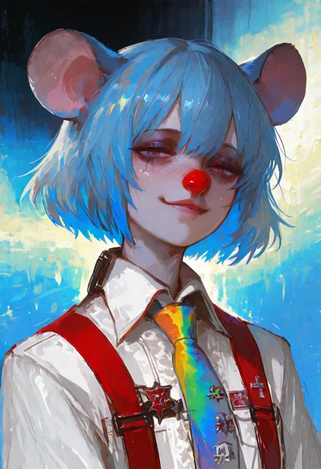 amazing quality,masterpiece, best quality, good quality, newest,very aesthetic, absurdres, newest, disco_elysium, art by Alexander Rostov, art by greg rutkowski and artgerm, soothing tones, calm colors, rough brush strokes, 1girl, solo, upper body, slim face, eyes covered with hair, seductive smile, blue hair, rat ears, short hair, goth, smeared makeup, dishelved, white office shirt, communist badge, red_suspenders, red clown nose, rainbow tie, rainbow background, <lora:disco_elysium:1> <lora:748cmSDXL:0.8> 748cmstyle, <lora:ponyv6_noobV1_2_adamW:0.7> <lora:GBF_Illustrious:0.4> gbf_style, <lora:USNR STYLE_XL_loha:0.45> usnr, <lora:V5.1_retrain:0.6>