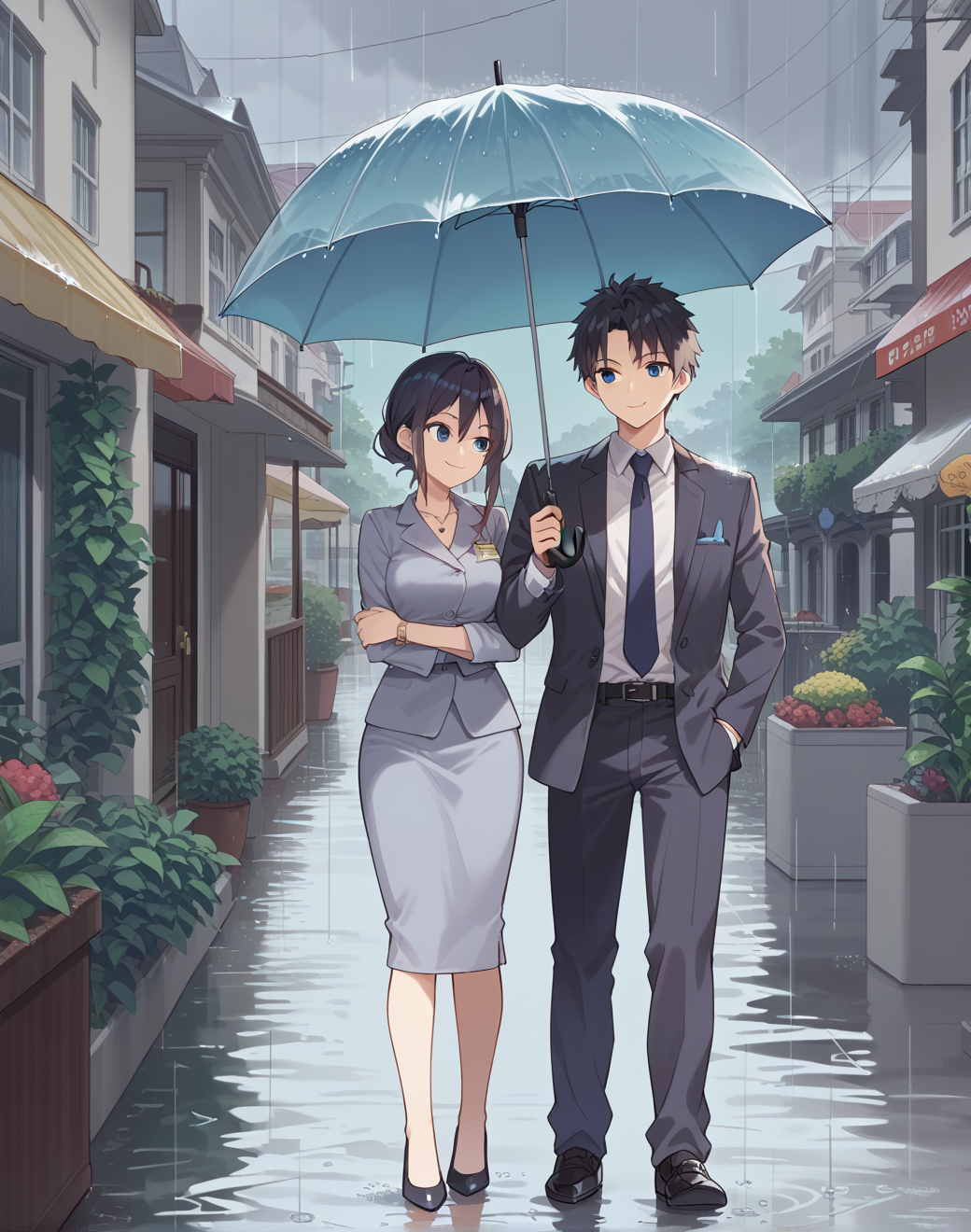 score_9, score_7_up,  source_anime
1boy, formal, 1girl, office lady, umbrella, shared umbrella, outdoors, rain,  smile <lora:sharedumbrella_xl:0.9>