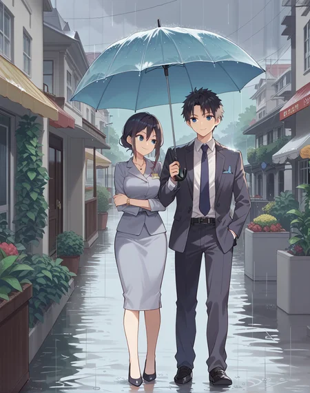 score_9, score_7_up,  source_anime
1boy, formal, 1girl, office lady, umbrella, shared umbrella, outdoors, rain,  smile <lora:sharedumbrella_xl:0.9>