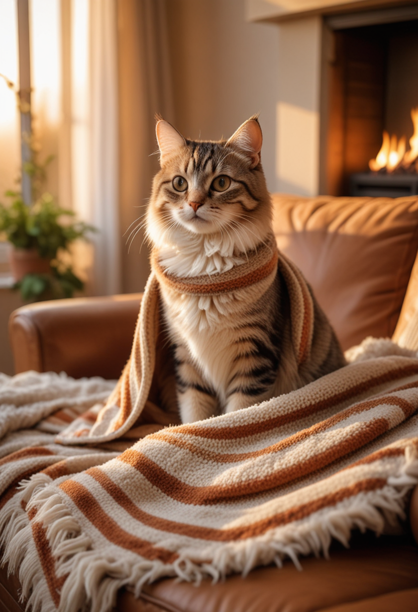 (medium full shot) of (adorable cat), mixed fur, striped, hazel, little cape,  set in  a warm living room with a soft couch, a crackling fireplace, and a cozy blanket, during sunset, while lounging in a sunny spot, Masterpiece,best quality, photo, realistic, very aesthetic,