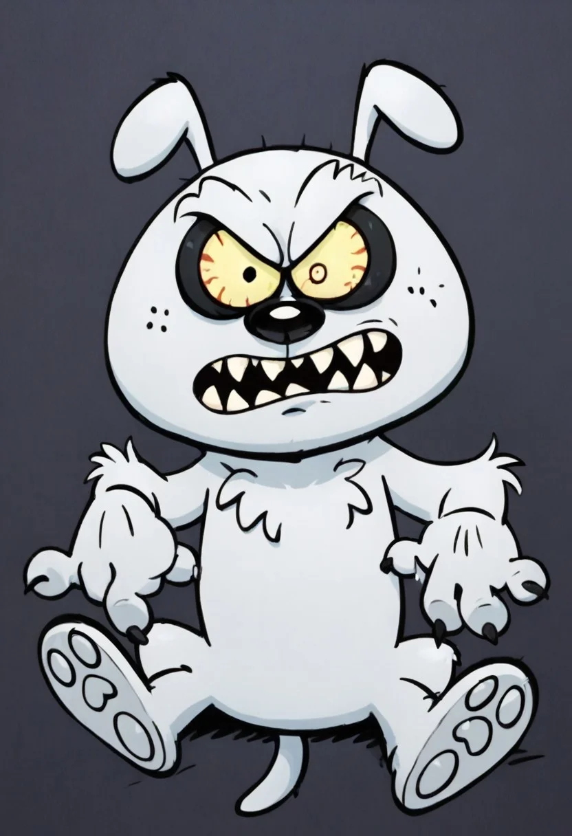(score_9 | score_8_up | score_7_up) ((masterpiece:1))(best quality,very high quality,ultra detailed:1.2) (2D,cartoon style,anime style)(Smooth:2)(clean blurring) (four fingers on each hand,one thumb on each hand:1), solo, charles, dog, black spot on left eye, white, paw, dog paws, runaway brain, monstrous look, angry face, exagerated features, intense eyes, aggressie expression, hunched, menacing, sharp teeth, hunched over, full body