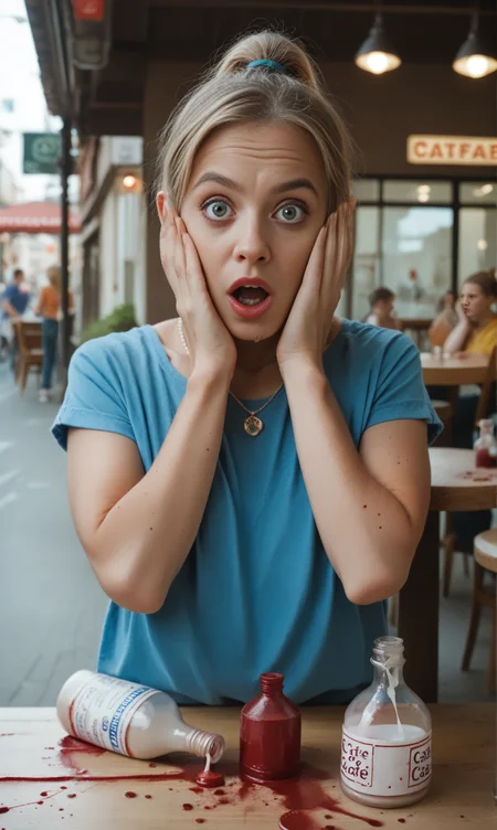 score_9, score_8_up, score_7_up, loasha
woman in a blue shirt ,sitting at table. (spilled bottle of ketchup:1.5), in street cafe, locking ashamed with hands on face
, necklace, short blonde ponytail
<lora:LookingAshamedPony:1>