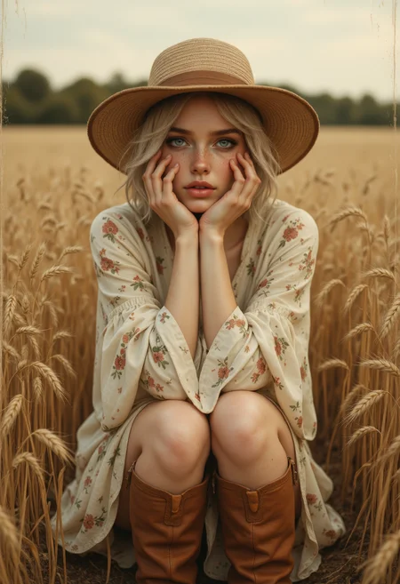 analog film photo 22yo Ukrainian Woman in a simple, vintage 1920s peasant dress with a playful floral pattern knee-length, paired with sturdy brown boots, posing waist-high with a joyful, carefree expression, freckles, wheat field, short bobbed hair under a wide-brimmed straw hat. Hyper detailed captured from a front view highlighting a nostalgic and cheerful composition, playful pose, photorealistic, soft vibrant colors, ultra detailed, skin pores, sharp focus, studio photo, intricate details, highly detailed., <lora:aidmaFLuxPro1.1_v0.3:0.5> aidmafluxpro1.1 . <lora:OBååå®èåç»V2.0:0.6> obxiaoxiang <lora:FluxD3tailedP0rtraits:0.4> . faded film, desaturated, 35mm photo, grainy, vignette, vintage, Kodachrome, Lomography, stained, highly detailed, found footage