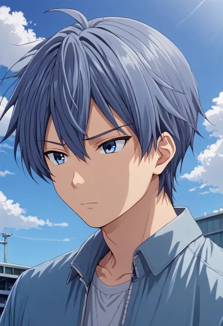 high resolution, solo, best quality, 1Boy, Tomoya Okazaki, Grey Blue Hair, free fall, sky , OverallDetail