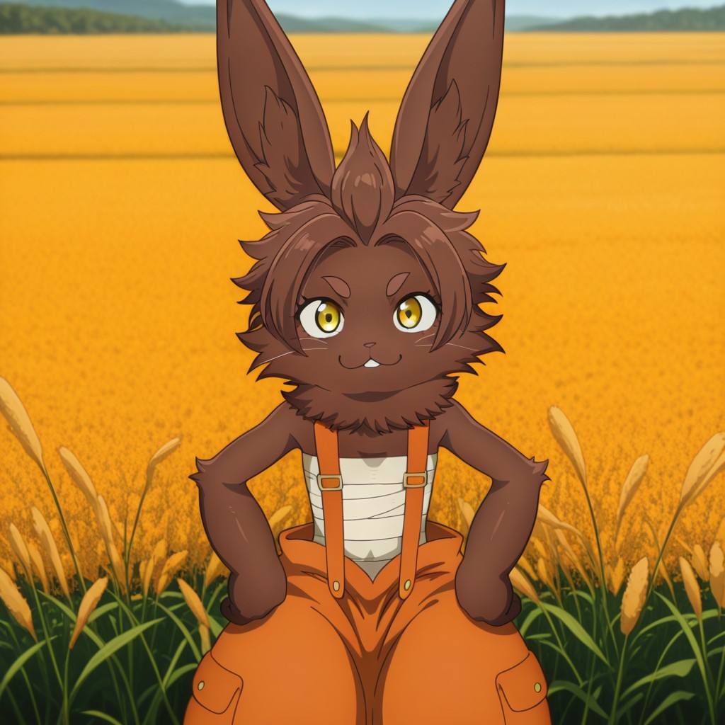 masterpiece, best quality, amazing quality, BilacslfILv2, semi-anthro, female, rabbit, brown fur, whiskers, brown hair, gold eyes, orange overalls, sarashi, in a field, <lora:520762fb-bf0b-40b2-8838-7eb38338f376:1.0>