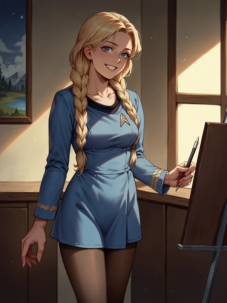 score_9, score_8_up, score_7_up, score_6_up, score_5_up, score_4_up, 1girl in stunf looking at painting,star trek uniform blue dress,very long braided blond hair,long sleeves,pantyhose,smiling,in a museum<lora:ponytosnewV2:0.8>