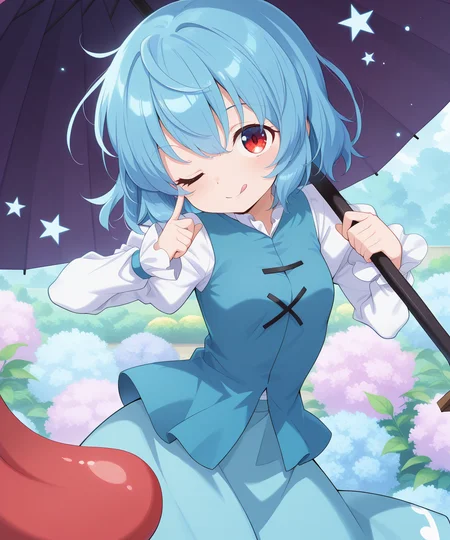 absurdres, highres, masterpiece, best quality, amazing quality, official anime artwork, screencap, anime screencap, outdoors, looking at viewer, light smile, dynamic pose,
<lora:Kogasa-Tatara_Illustrious:1> tatara kogasa, 1girl, solo, heterochromia, red eyes, blue eyes, blue hair, short hair,, white shirt, long sleeves, juliet sleeves, blue vest, blue skirt, holding umbrella, karakasa obake,
:q, tongue out, wink, star, flower, garden,