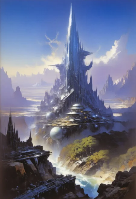 A futuristic cityscape at dusk. The central focus is an immense, towering skyscraper with a sleek, reflective surface that reflects the soft, ambient light of the setting sun. The building's design is futuristic, with a tapering top and a complex, organic base that seems to blend seamlessly with the landscape. In the foreground, a serene river runs through a valley lined with lush, green trees. Bridges and elevated walkways connect the base of the skyscraper to the surrounding buildings. The buildings in the foreground are more modest in size, with a mix of glass and metallic facades, indicating modern architecture. In the background, the cityscape stretches into the distance, showcasing a variety of skyscrapers and high-rises, some of which are needle-like, indicating a focus on verticality and density. The sky is a gradient of deep blues and purples, with scattered, fluffy clouds casting shadows on the buildings below. The overall color palette is cool and serene, with the soft lighting enhancing the futuristic, utopian atmosphere of the scene. white sphere on the background