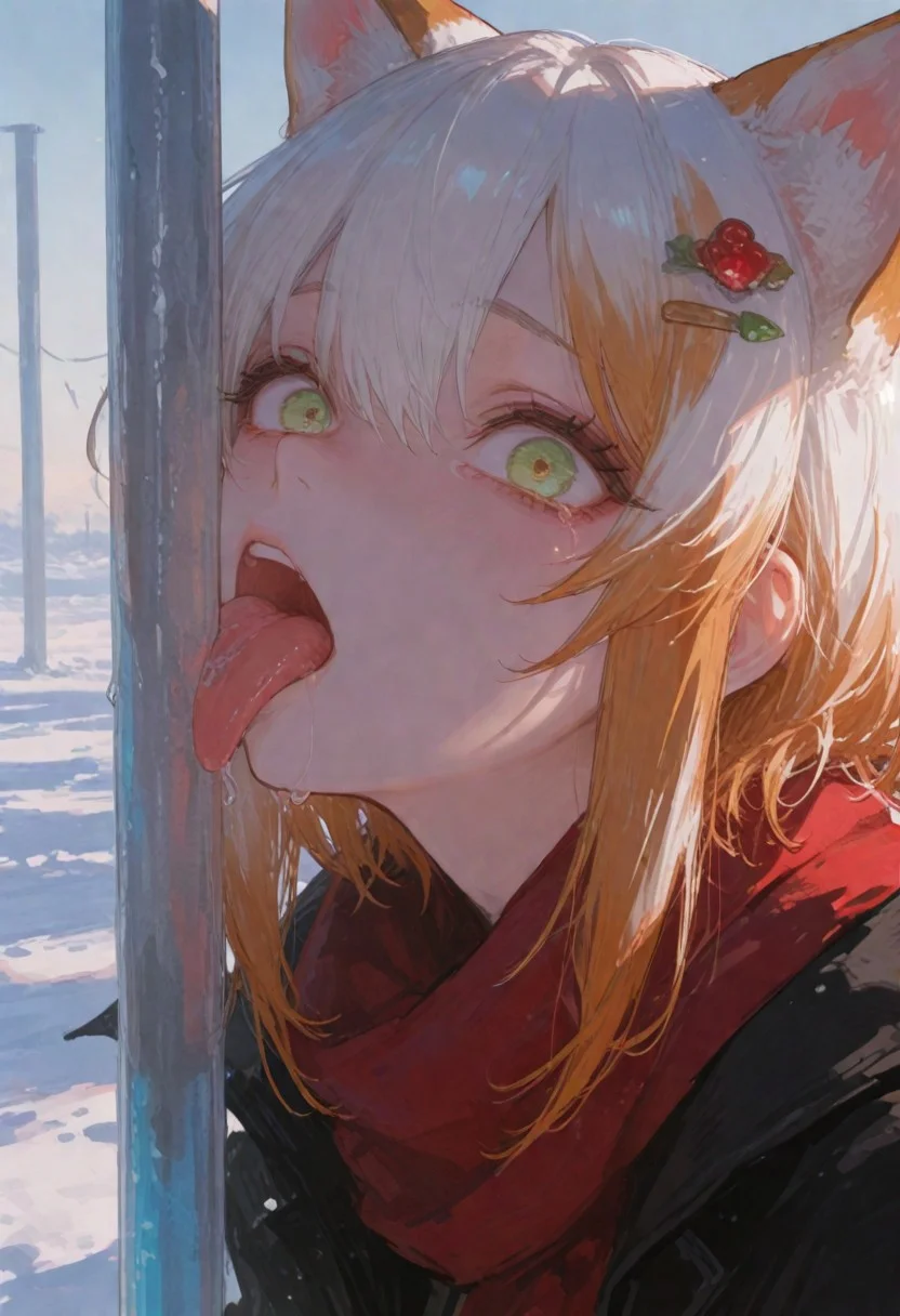 score_9, score_8_up, score_7_up,masterpiece, best quality, very aesthetic, high resolution, ultra-detailed, absurdres, newest, luminous lighting, 1girl, solo, (calico ears), two-tone hair, gradient hair, (white hair), medium hair, (orange hair tips), (long sidelocks:1.2), green eyes, yellow eyes, multicolored eyes, gradient eyes, (red berry hairpin:1.1), red scarf, black coat, raised eyebrows, wide-eyed, despair, (tears), open mouth, tongue out, (tongue stuck frozen), frozen tongue tip,(licking metal pole:1.2), (looking at viewer:1.2), close-up, glint, steam, daylight, sunlight, winter, snow, vivid colors,